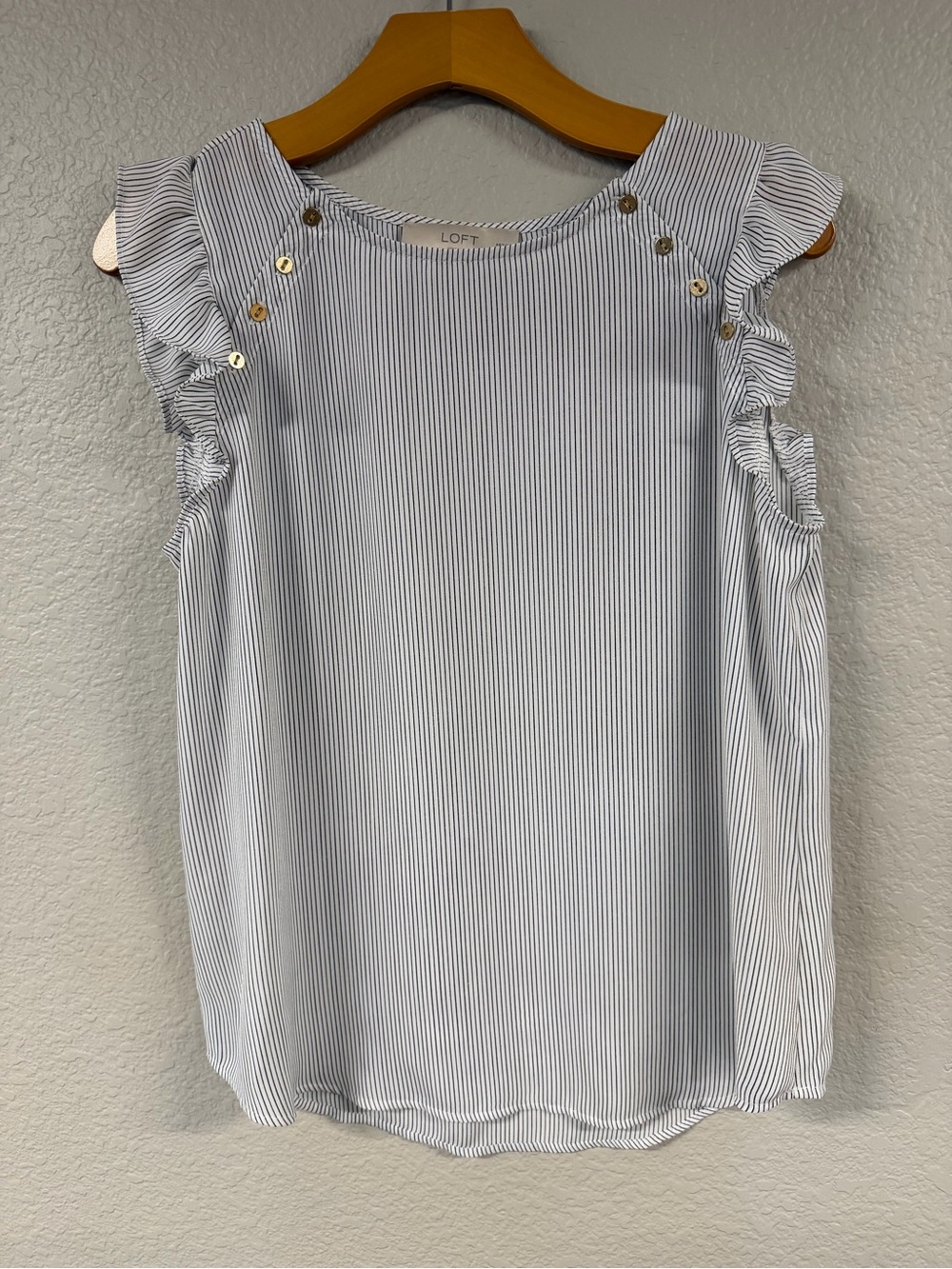 LOFT Striped Ruffle Sleeve Shell Top - Blue & White - Picture 6 of 7